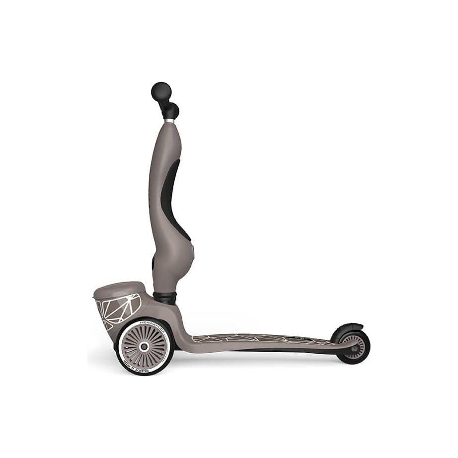 Scoot and Ride Highwaykick 1 Lifestyle Scooter- Brown Lines  in upright position left side