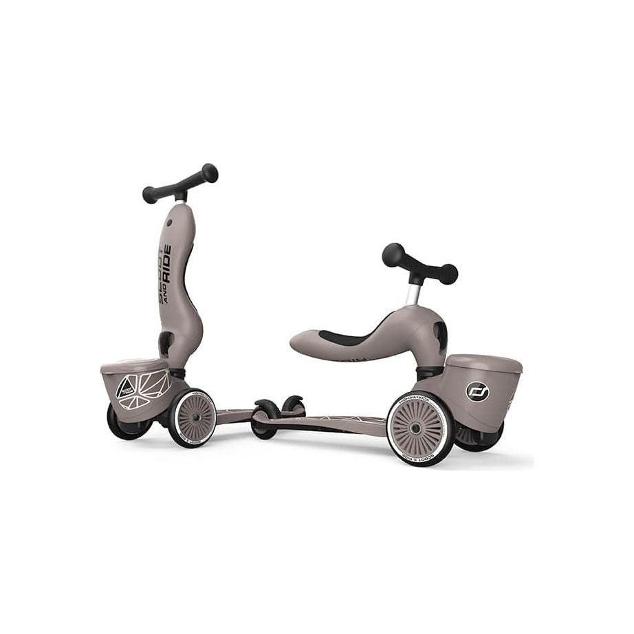Scoot and Ride Highwaykick 1 Lifestyle Scooter- Brown Lines in both upright and seated position