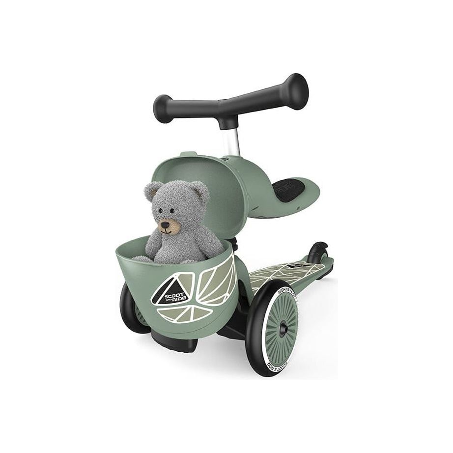 Scoot and Ride Highwaykick 1 Lifestyle Scooter - Green Lines with teddy in basket close up