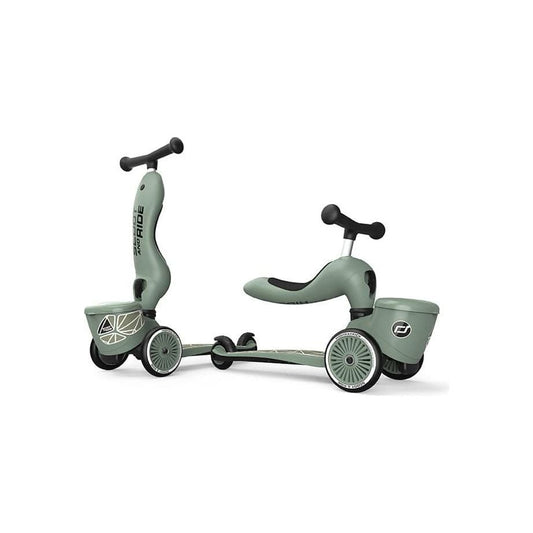Scoot and Ride Highwaykick 1 Lifestyle Scooter - Green Lines in seated and upright position