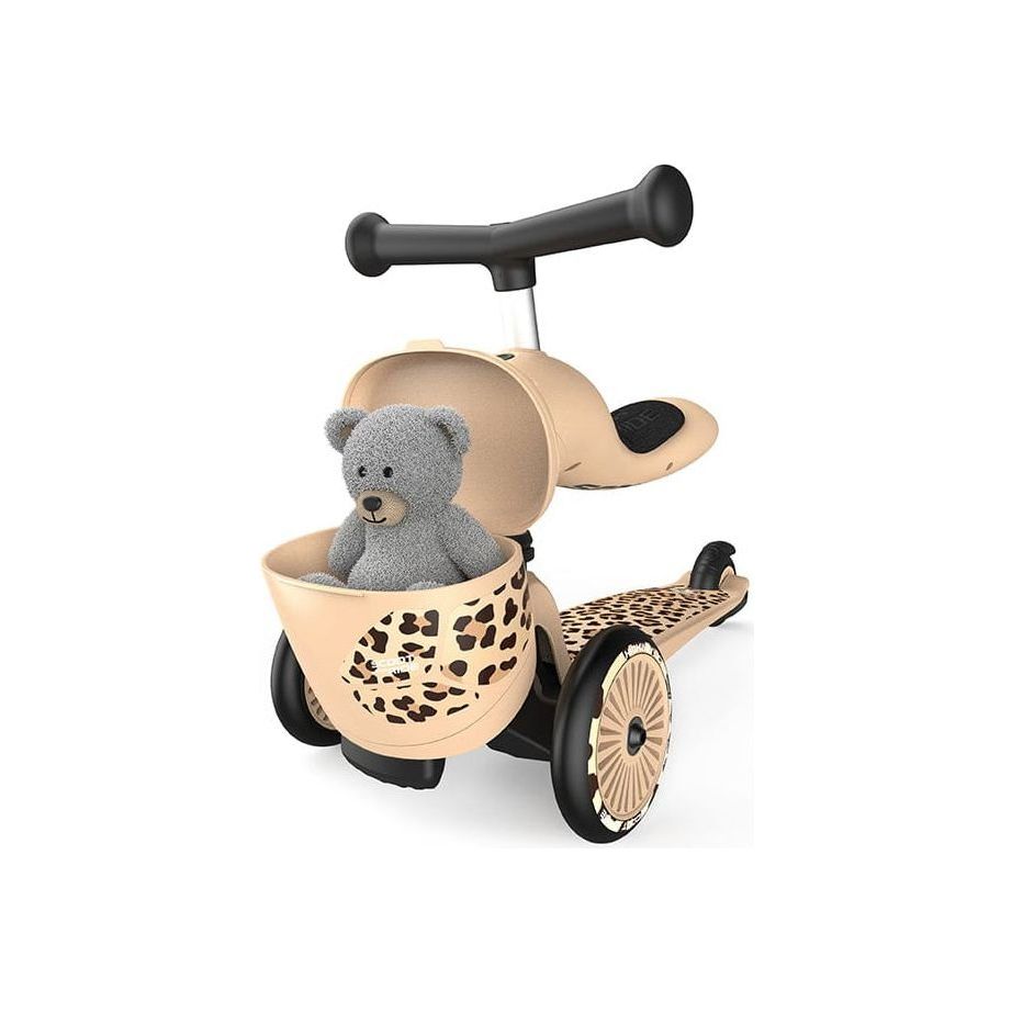 Scoot and Ride Highwaykick 1 Lifestyle Scooter - Leopard with teddy in front basket