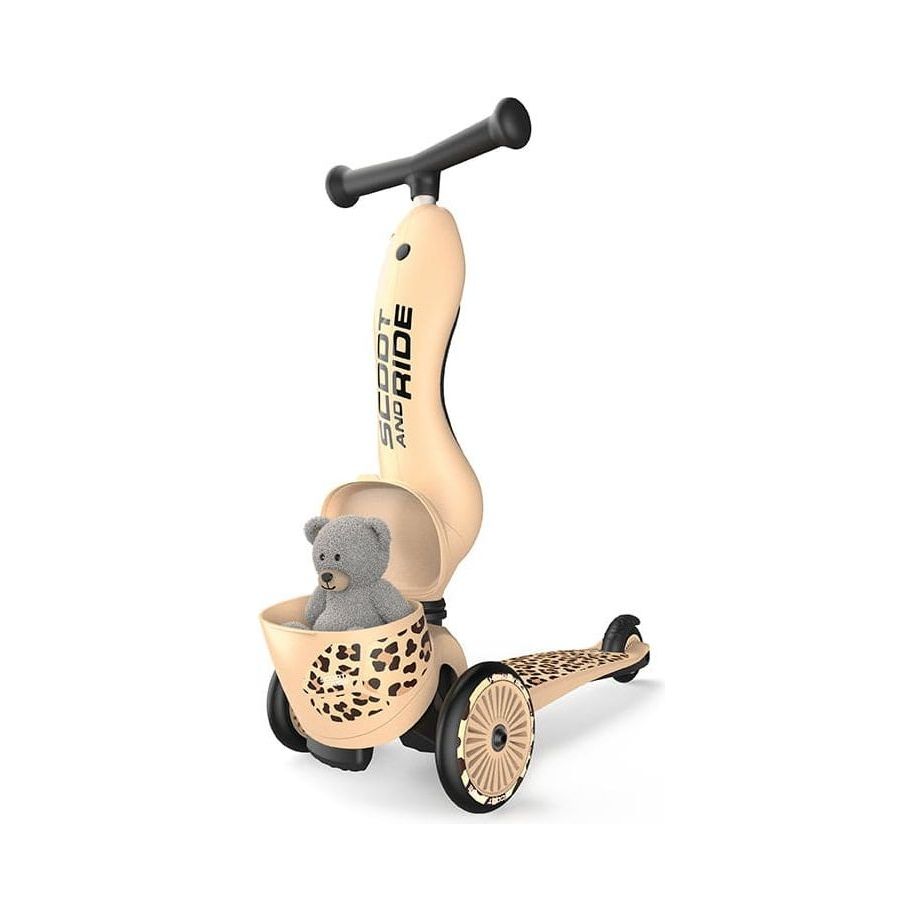 Scoot and Ride Highwaykick 1 Lifestyle Scooter - Leopard front with teddy in basket