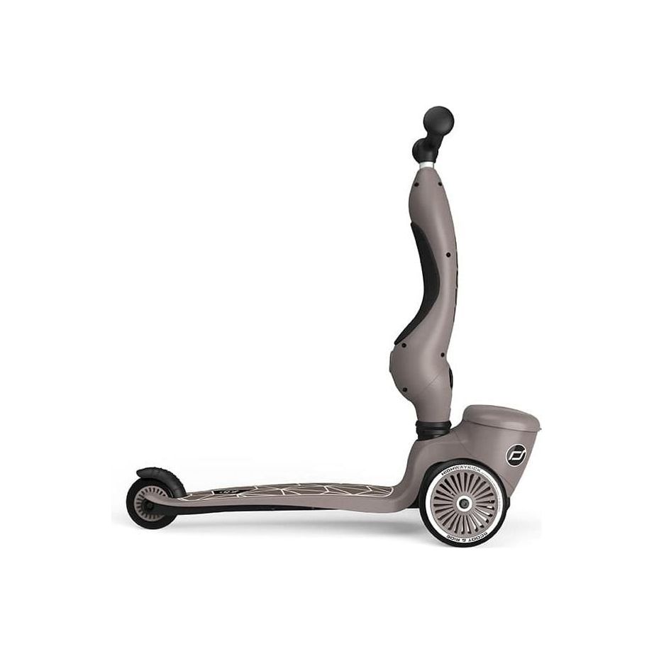 Scoot and Ride Highwaykick 1 Lifestyle Scooter- Brown Lines  in upright position right side
