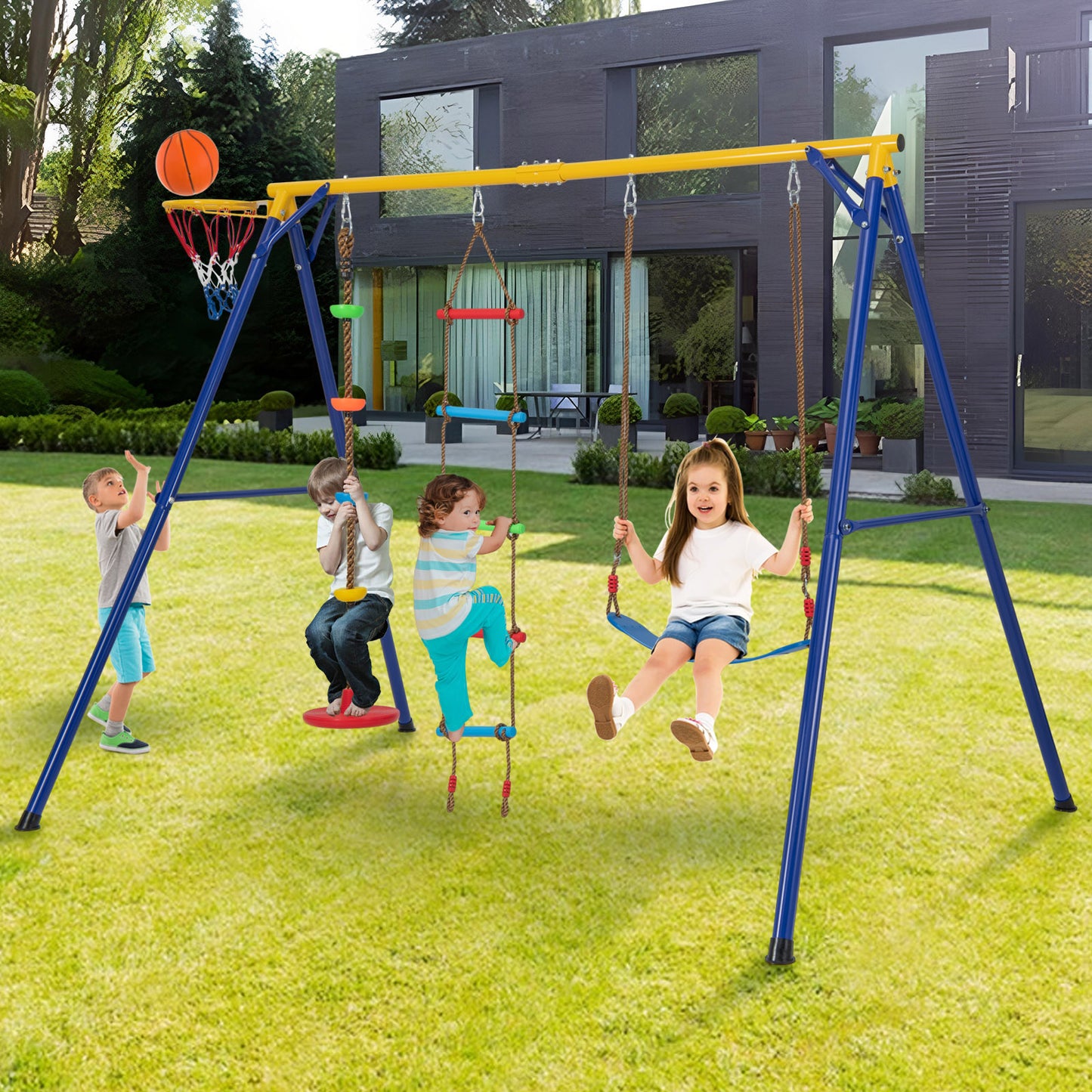 4-in-1 Heavy Duty Swing Set with 1 Basketball Hoop and 1 Adjustable Belt Swing-Blue &amp; Yellow