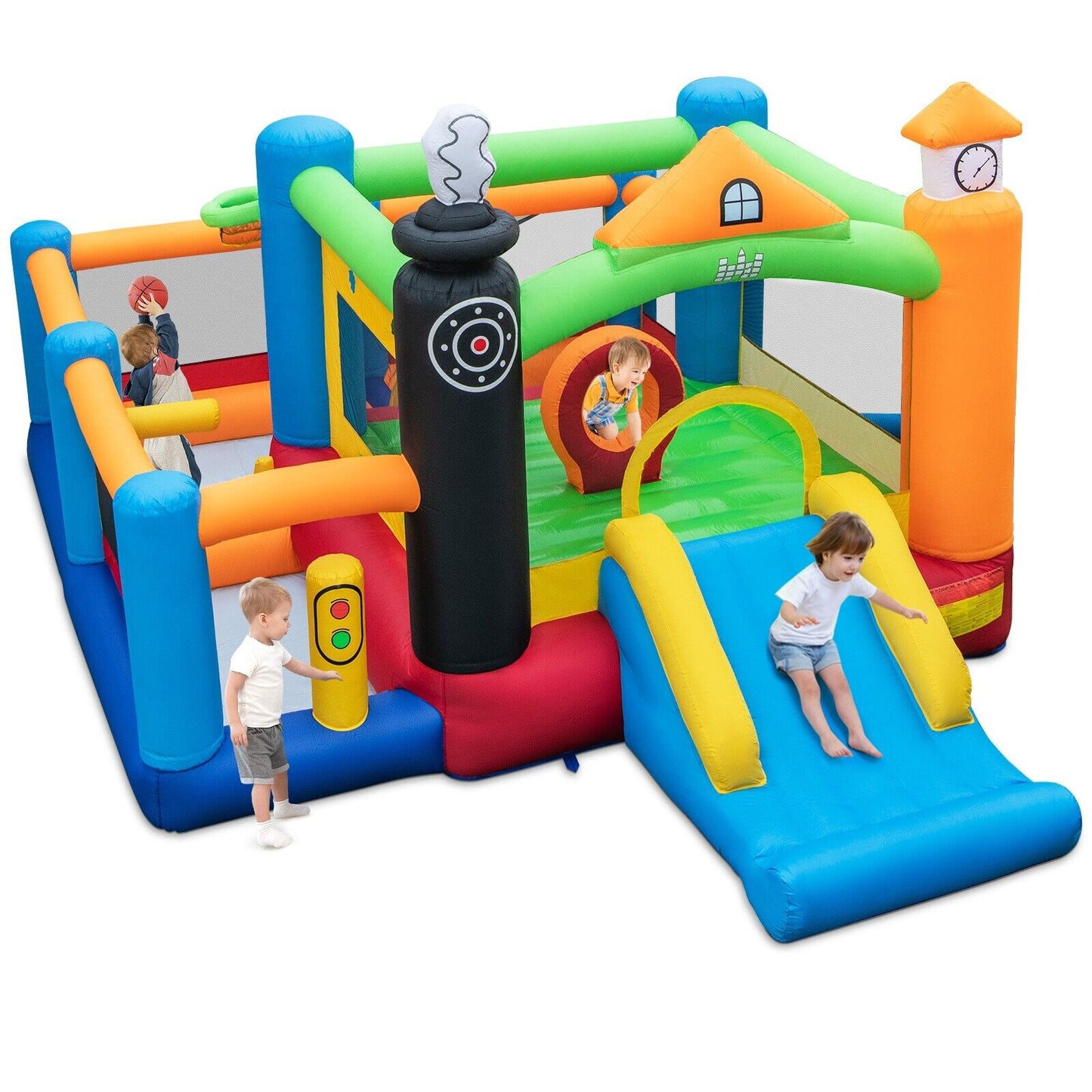 Train Theme Bouncy Castle with Slide and Basketball Hoop without Air Blower