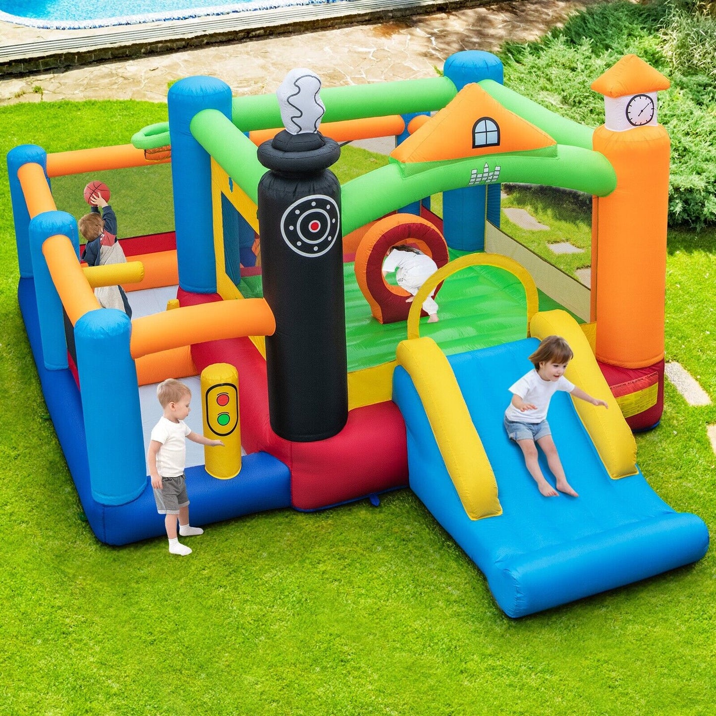 Train Theme Bouncy Castle with Slide and Basketball Hoop without Air Blower