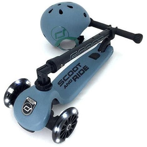 Scoot and Ride Highwaykick 3 Scooter - Age 3+ - Led Steel with folded handlebar and matching helmet