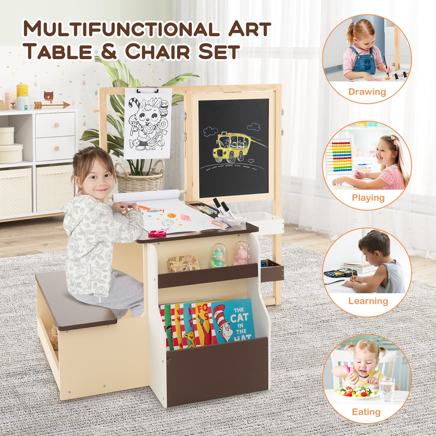 Kids Art Easel Table and Bench Set with Adjustable Easel and Bookshelf-Coffee