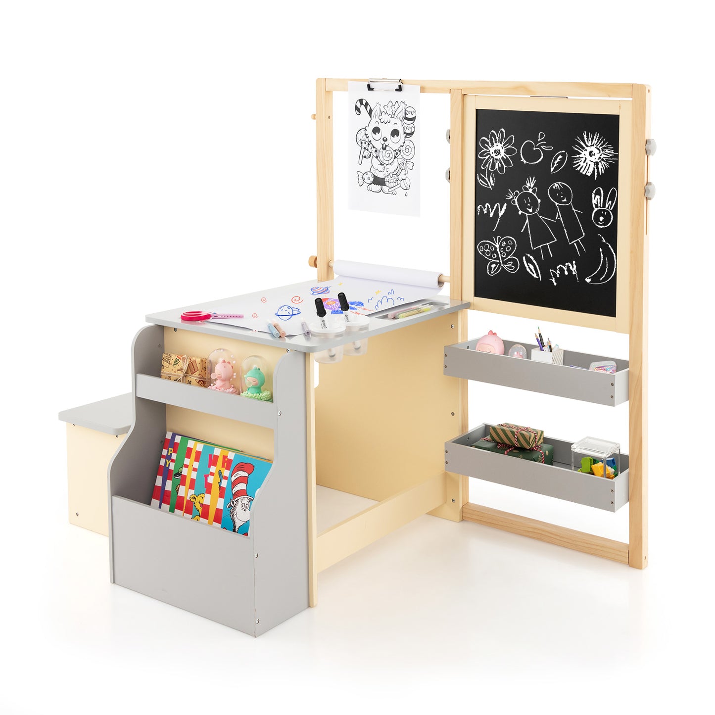Kids Art Easel Table and Bench Set with Adjustable Easel and Bookshelf-Grey