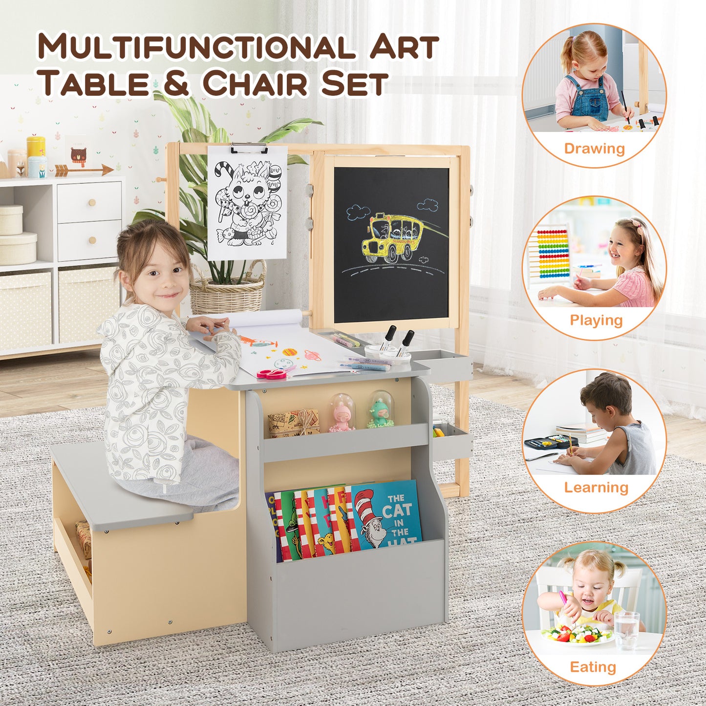 Kids Art Easel Table and Bench Set with Adjustable Easel and Bookshelf-Grey