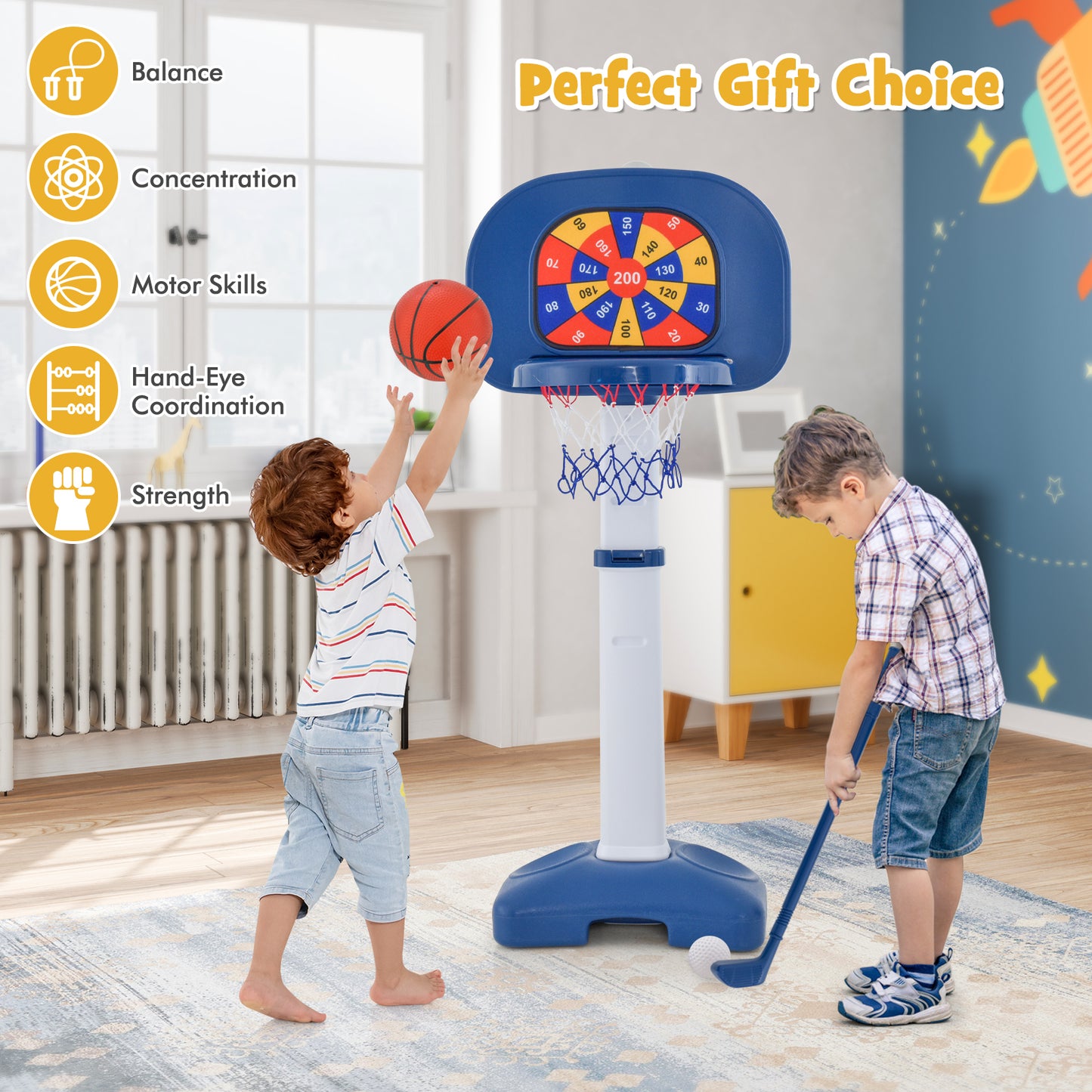 4-In-1 Basketball Hoop Stand with Golf Play Set and Anti Tipping Base