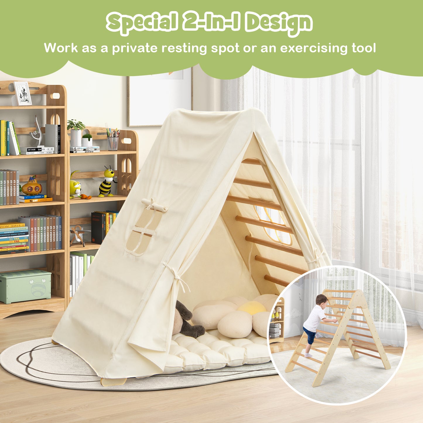 2-In-1 Kids Triangle Climber with Tent Pad-Beige