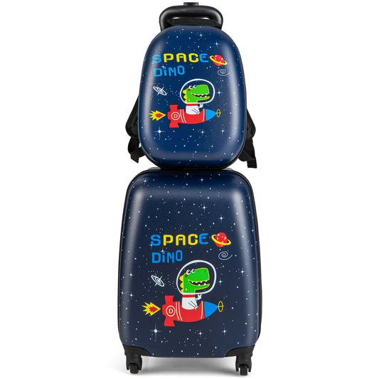 2 Piece Kids Luggage Set with Wheels and Height Adjustable Handle - Space Dino