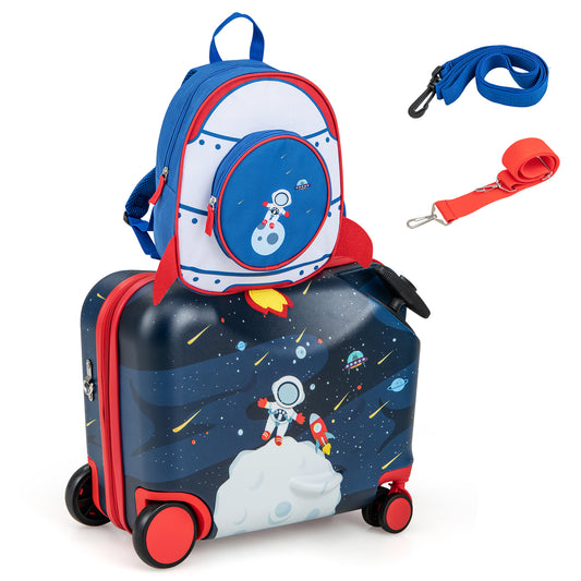 2 Piece Kids Luggage Set with Spinner Wheels and Anti-Lose Rope-Dark Blue