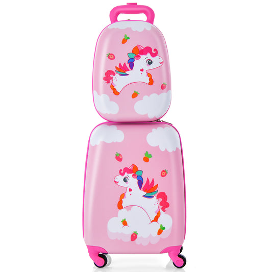 2 Piece Kids Luggage Set with Wheels and Height Adjustable Handle - Cream Pink