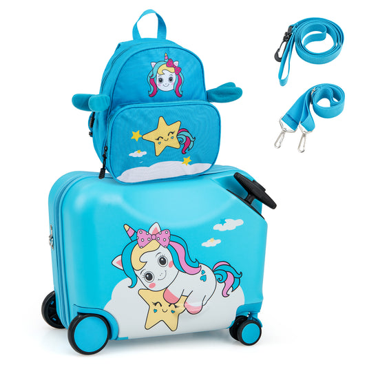 2 Piece Kids Luggage Set with Spinner Wheels and Anti-Lose Rope-Blue