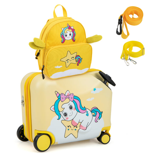 2 Piece Kids Luggage Set with Spinner Wheels and Anti-Lose Rope - Yellow Unicorn