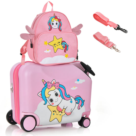 2 Piece Kids Luggage Set with Spinner Wheels and Anti-Lose Rope - Pink Unicorn
