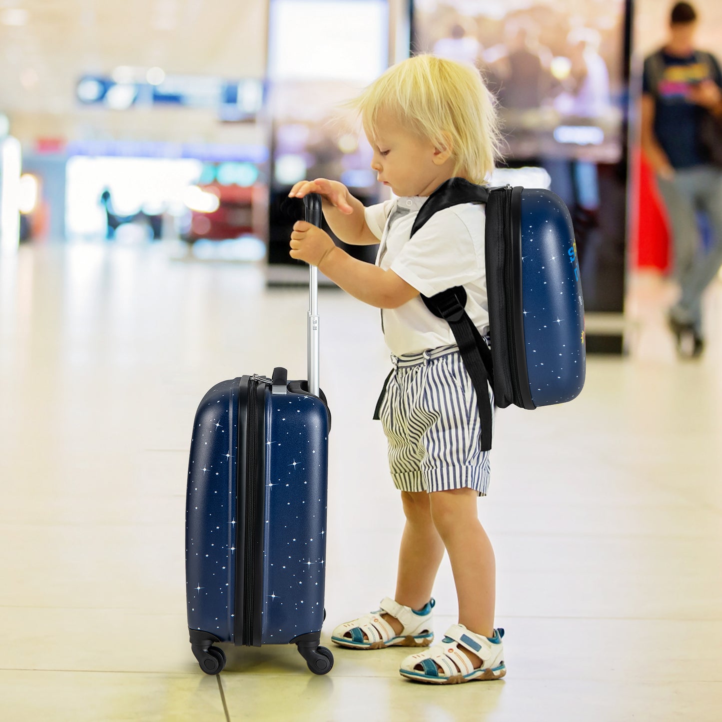 2 Piece Kids Luggage Set with Wheels and Height Adjustable Handle - Space Dino