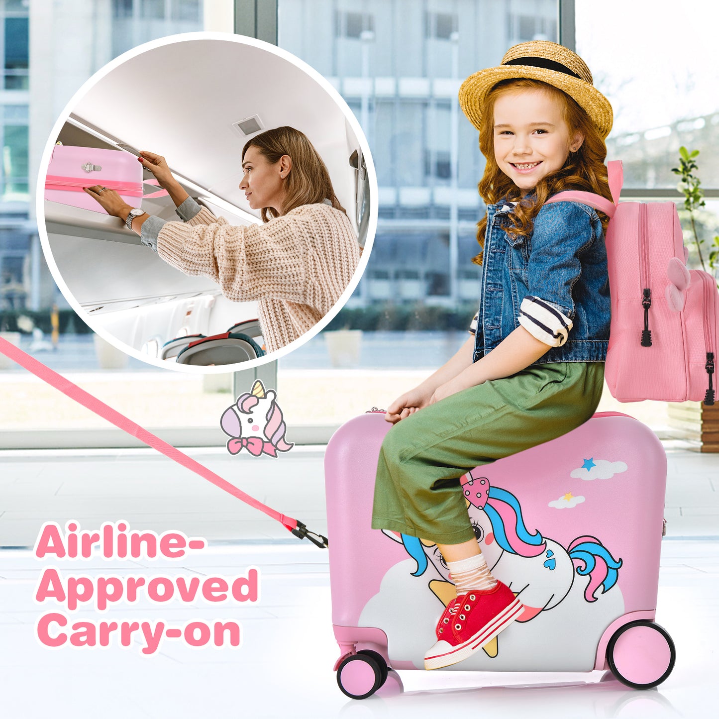 2 Piece Kids Luggage Set with Spinner Wheels and Anti-Lose Rope - Pink Unicorn