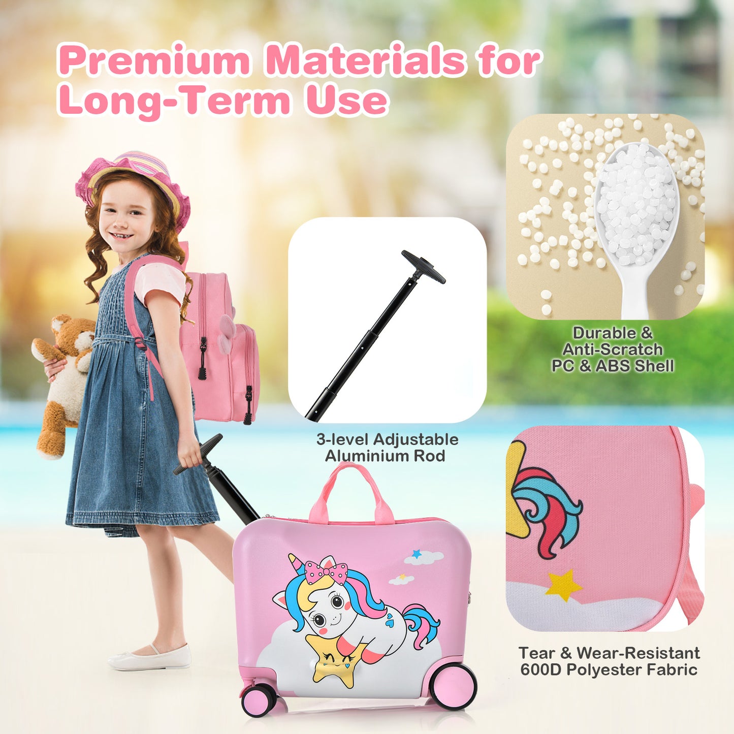 2 Piece Kids Luggage Set with Spinner Wheels and Anti-Lose Rope - Pink Unicorn