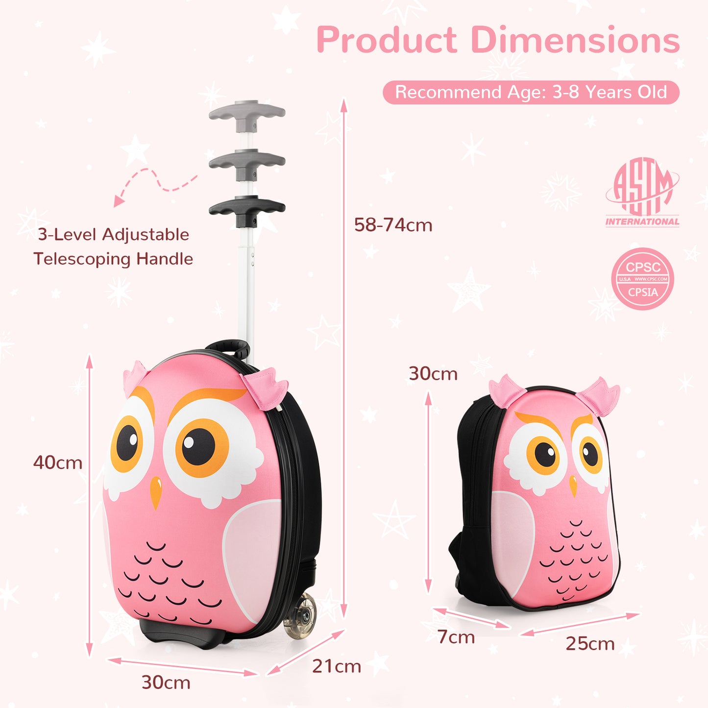 Kids Luggage Set with 40 cm Kids Carry-on Luggage and 30 cm Backpack-Pink