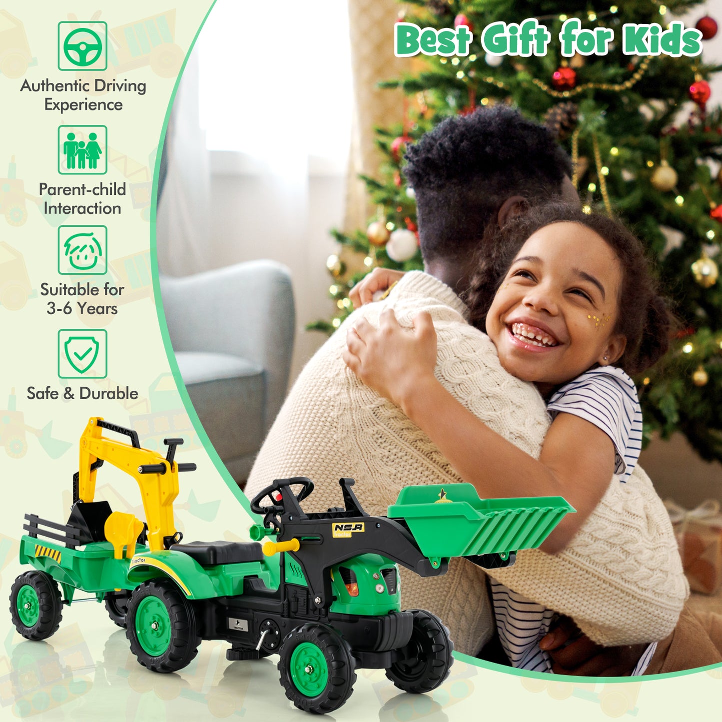 3-in-1 Kids Ride On Pedal Excavator with Detachable Trailer-Green