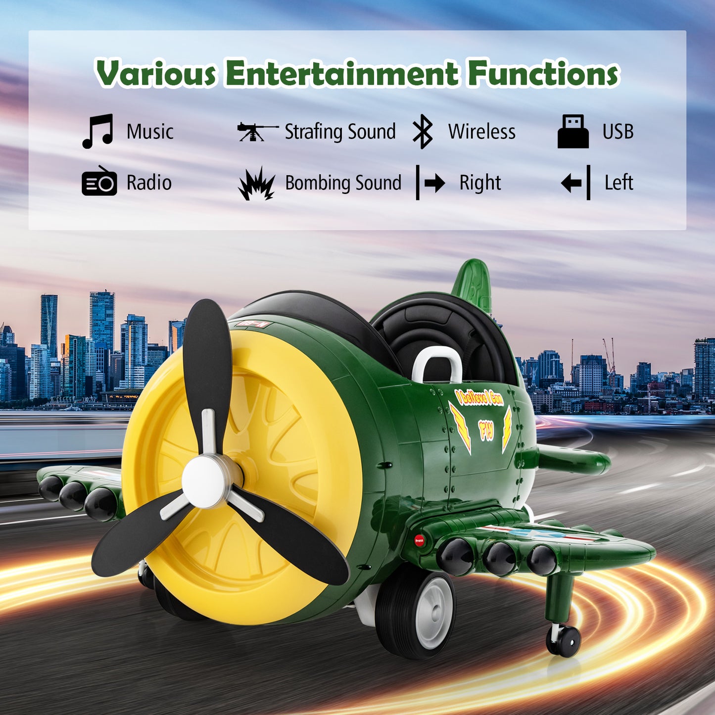 Kids Ride On Electric Airplane Car Toy with Joysticks and Remote Control-Green