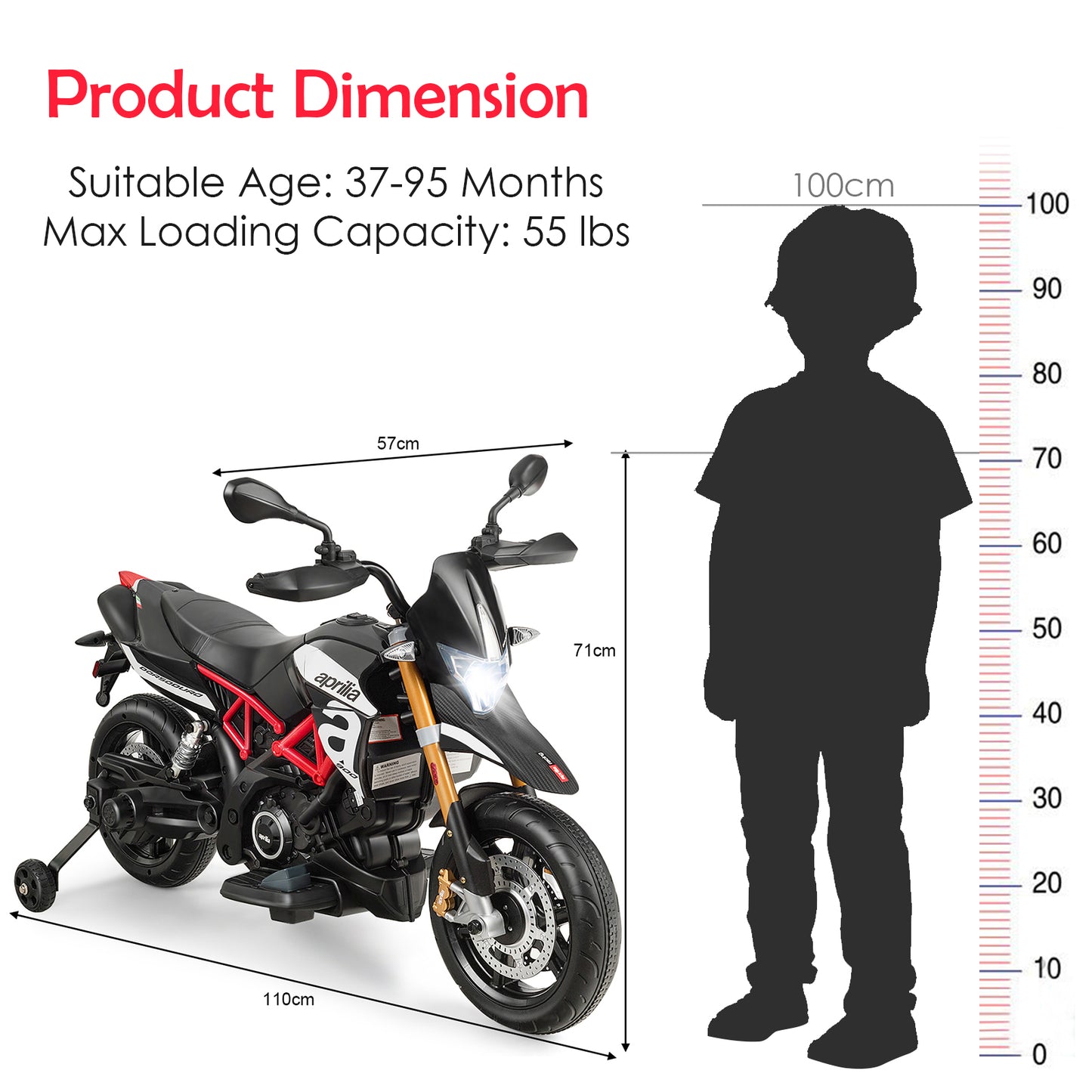 Kids Ride on Motorcycle 12V Battery Powered with Music & LED Light-Black