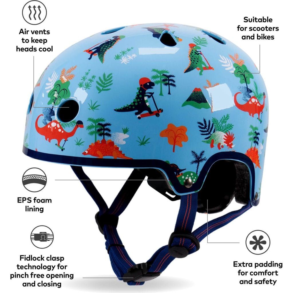 Micro Scooter Kids Helmet - Dino Deluxe Patterned Size Small 51-54cm features diagram