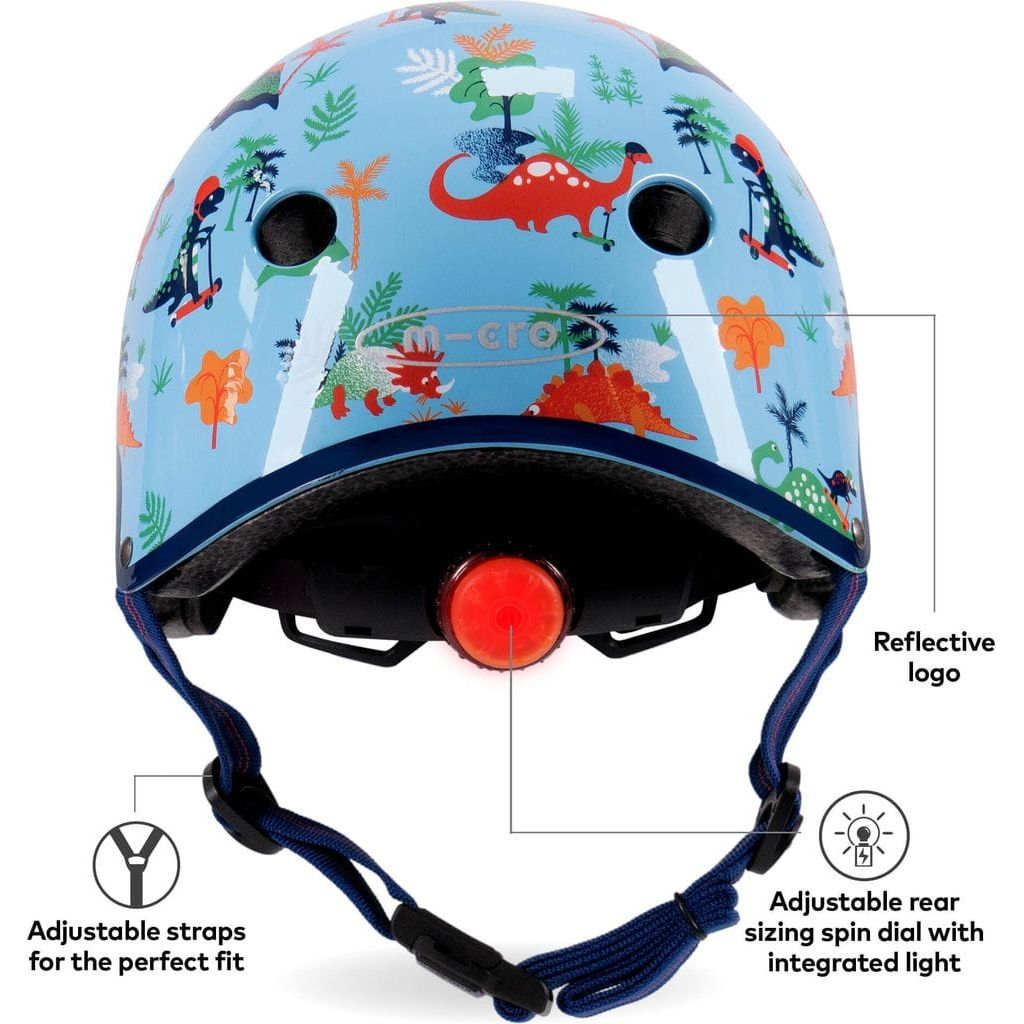 Micro Scooter Kids Helmet - Dino Deluxe Patterned Size Small 51-54cm nack with integrated safety light and adjustable strap
