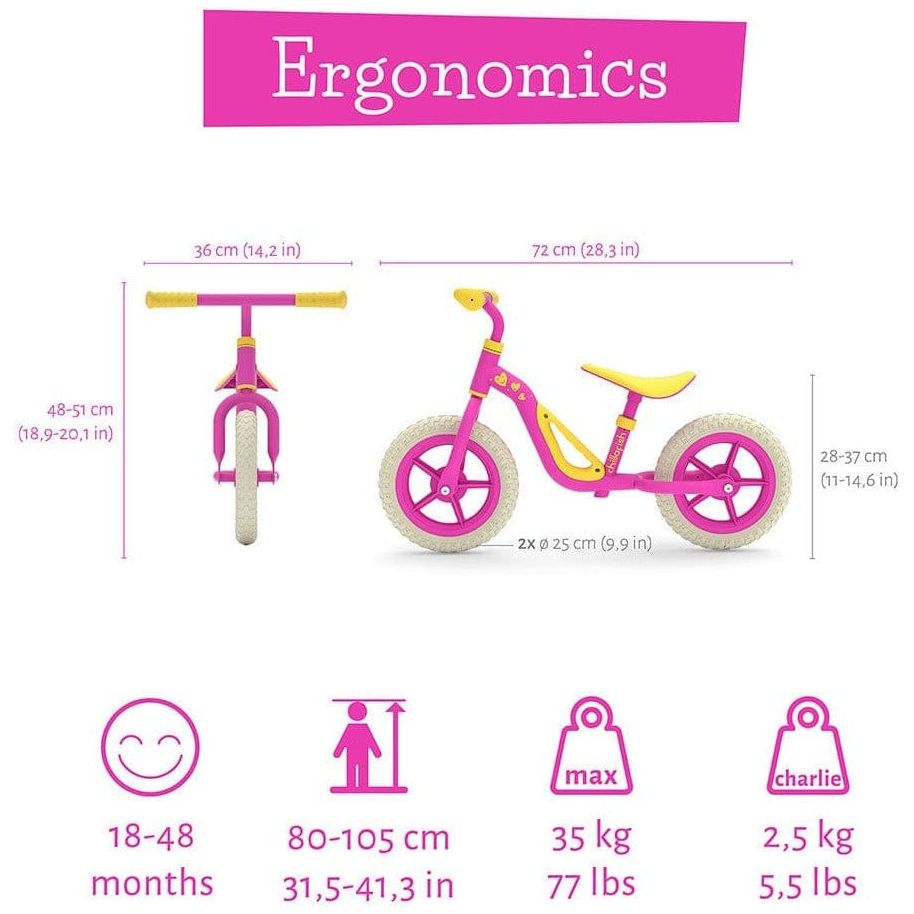 Chillafish Charlie Balance Bike 18M-4Y in Pink size, weight and specification information