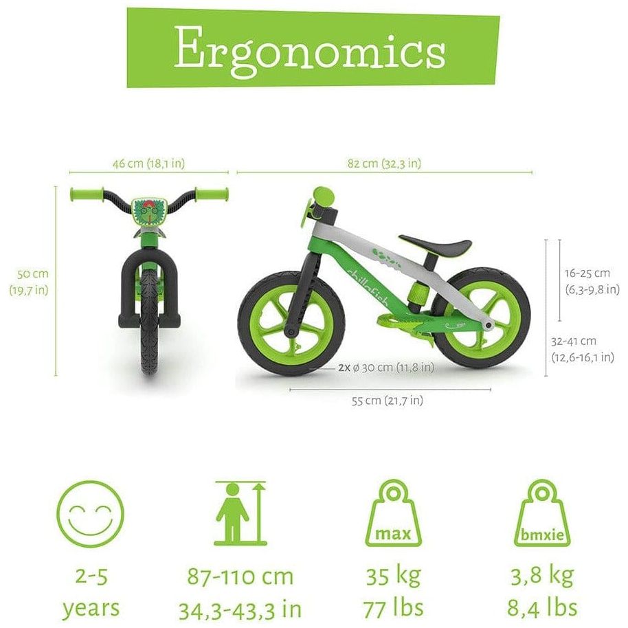 Chillafish Bmxie Balance Bike 2-5 Years in Lime Green size, weight and specification information