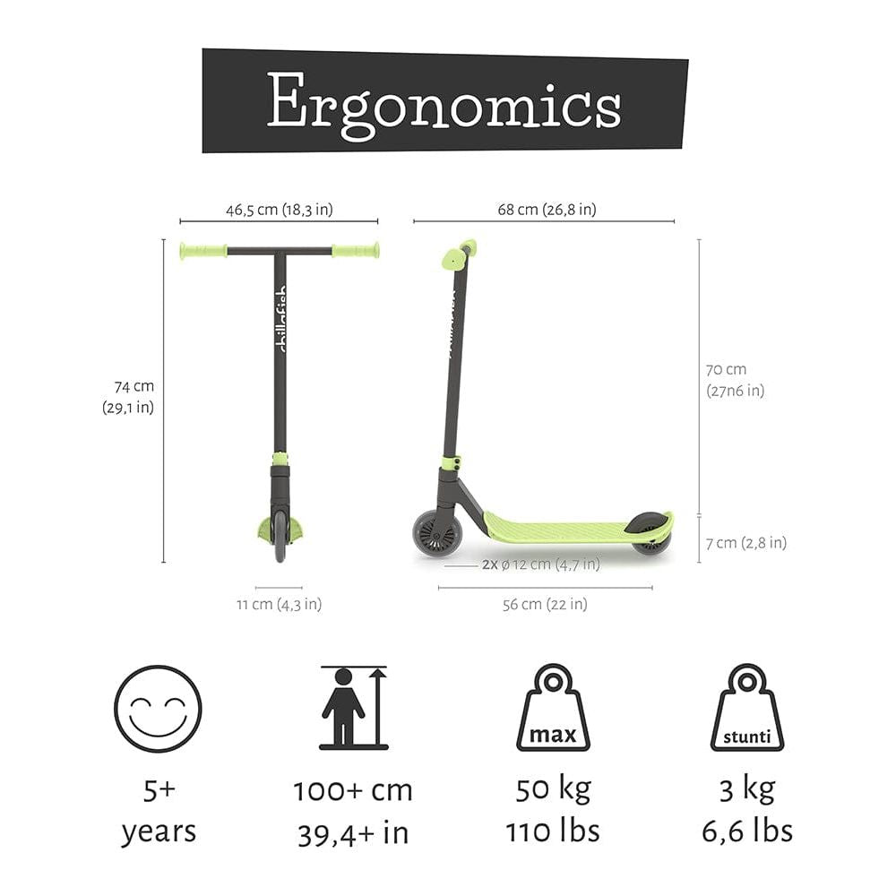 Chillafish Stunti 2 Wheel Scooter in Pistachio Green size, weight and specification information