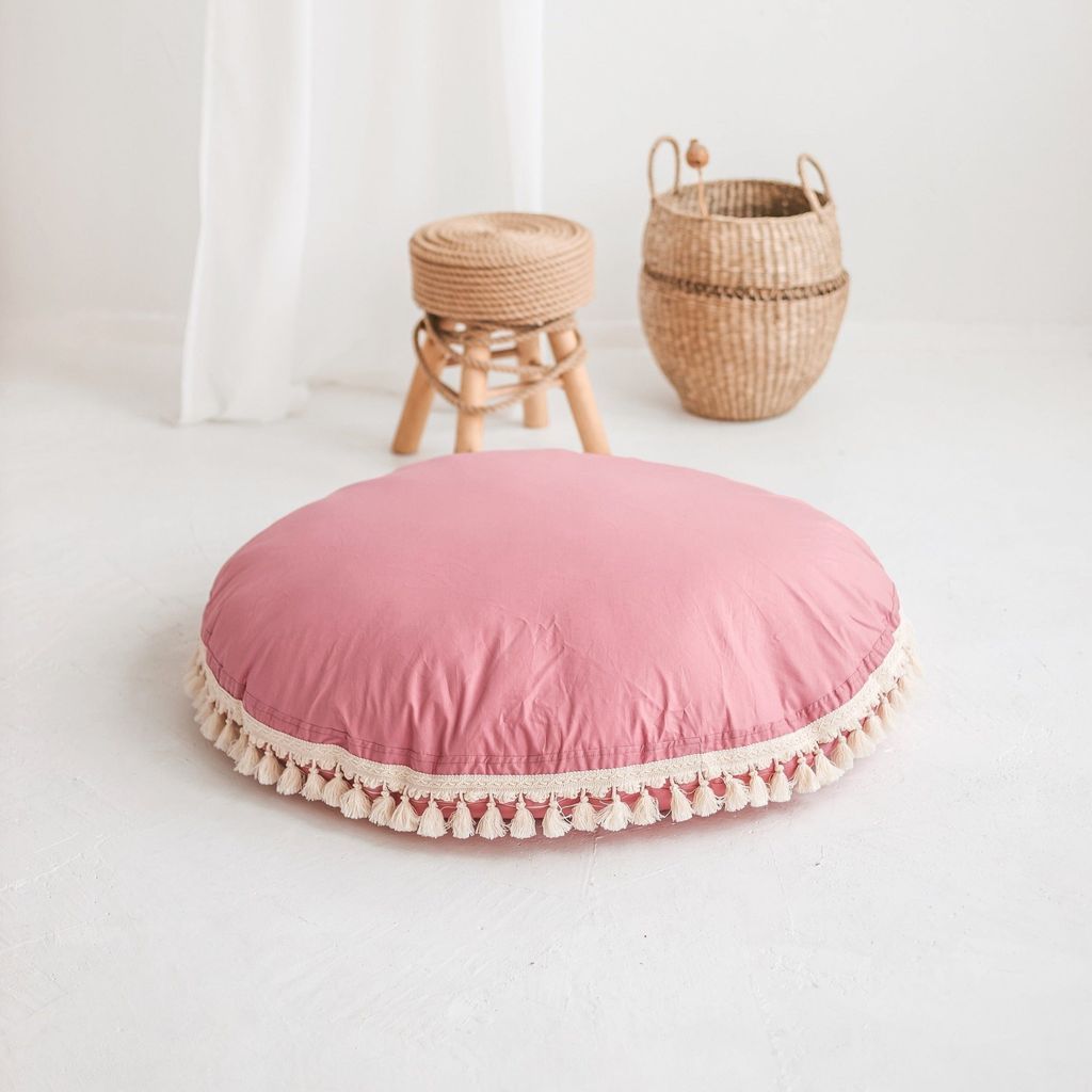 MINICAMP Large Floor Cushion With Tassels in Rose with stool and wicker basket