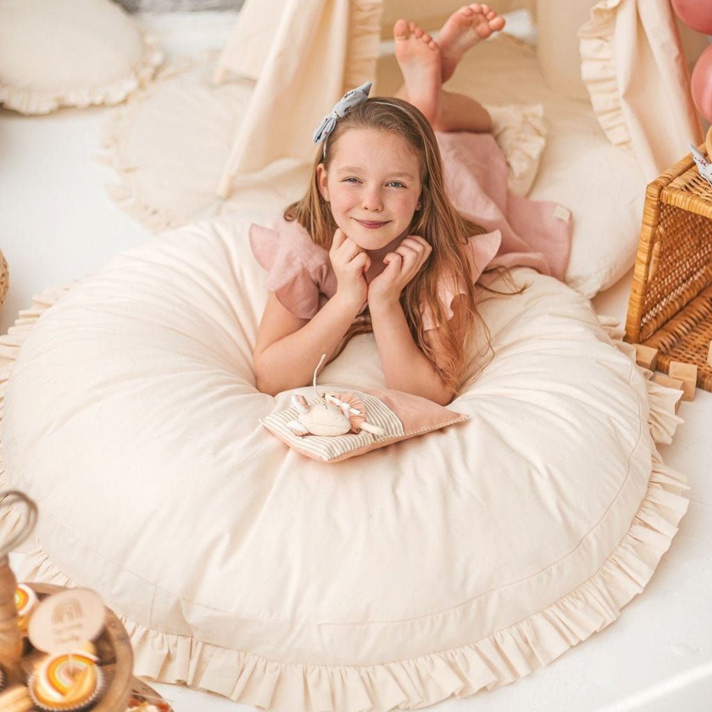 smiling girl on MINICAMP Large Floor Cushion With Ruffles