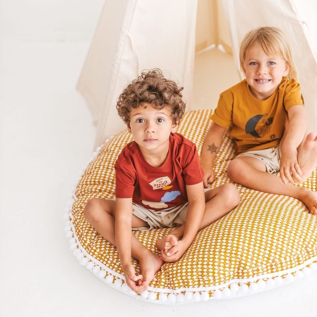 boy and girl sitting on MINICAMP Big Floor Cushion Rhombus Diamond - Mustard Yellow
