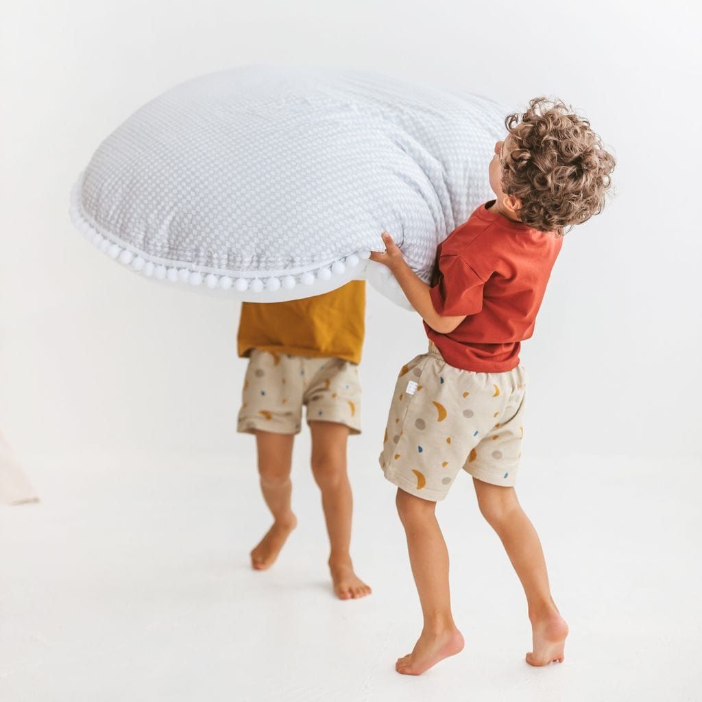 two children standing holding MINICAMP Big Floor Cushion Rhombus Diamond - Grey