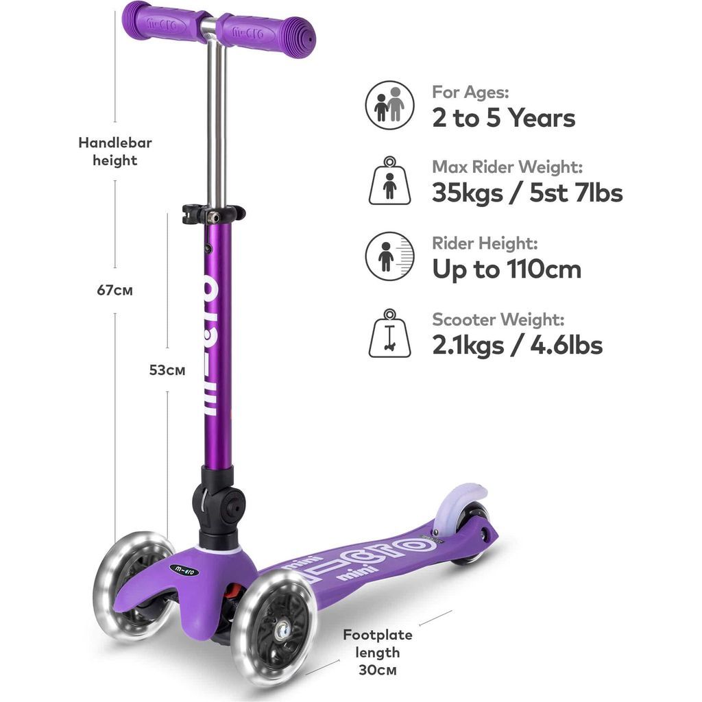 Micro Scooter Mini Foldable - LED Purple size and weight guide