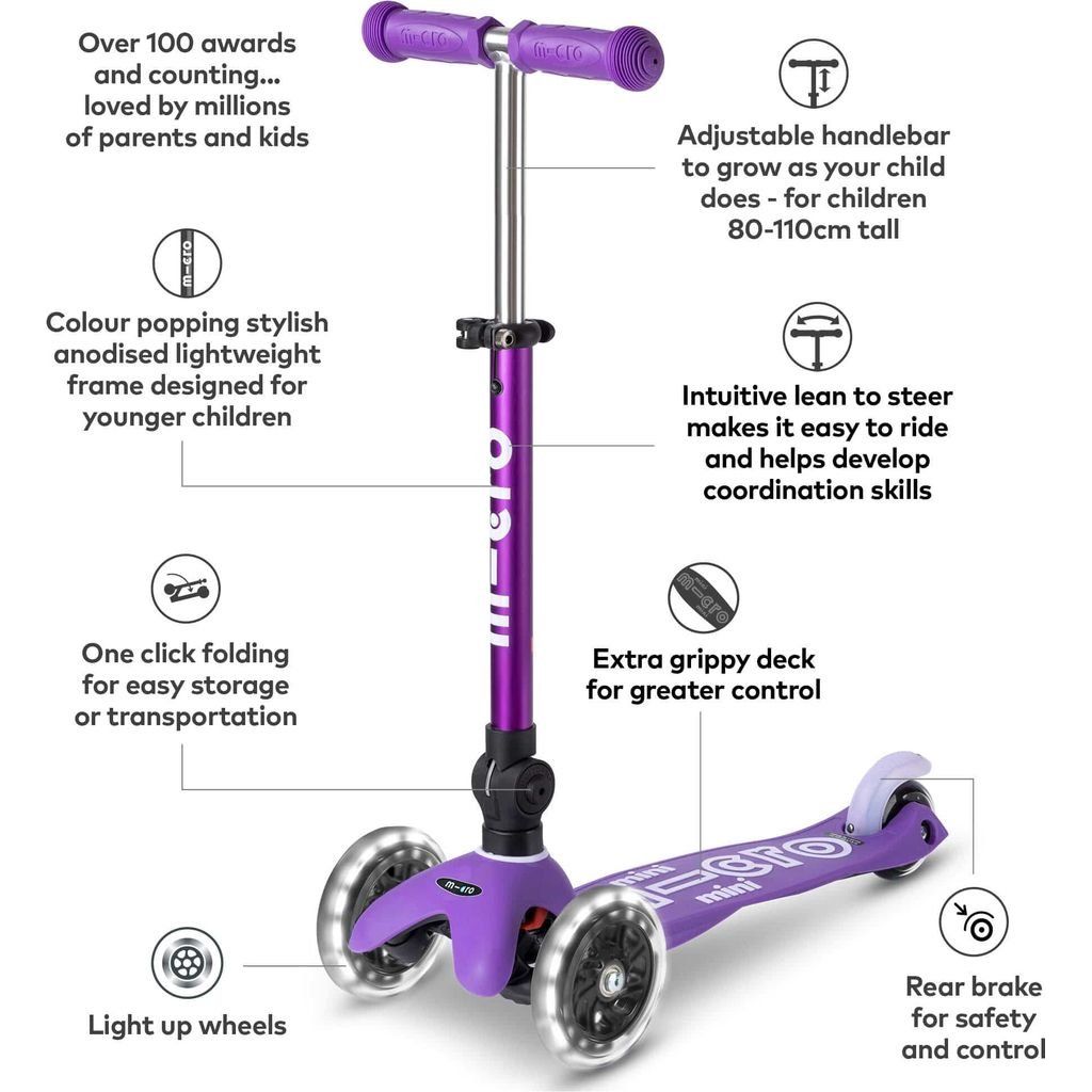 Micro Scooter Mini Foldable - LED Purple features diagram