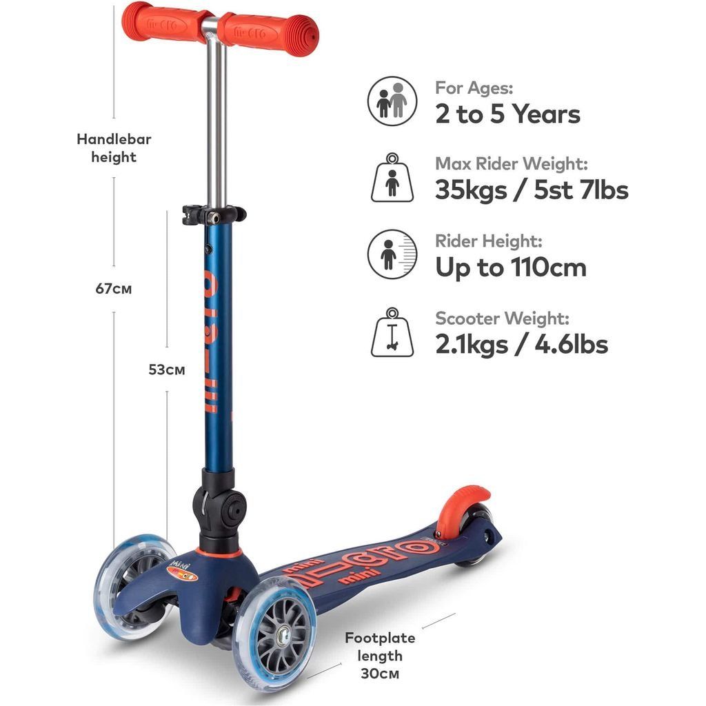 Micro Scooter Mini Foldable - LED Navy dsize, age and weight diagram