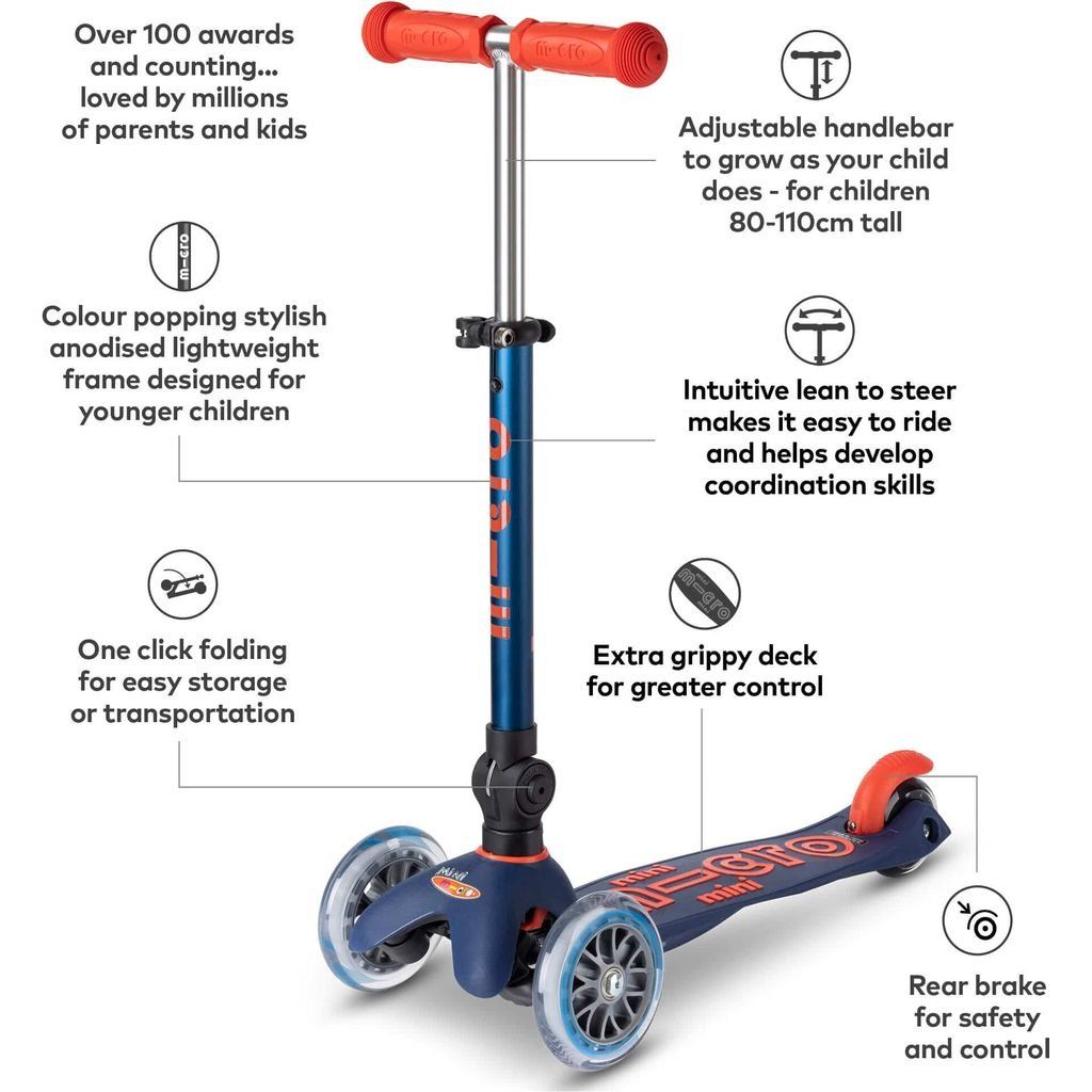 Micro Scooter Mini Foldable - LED Navy  features diagram