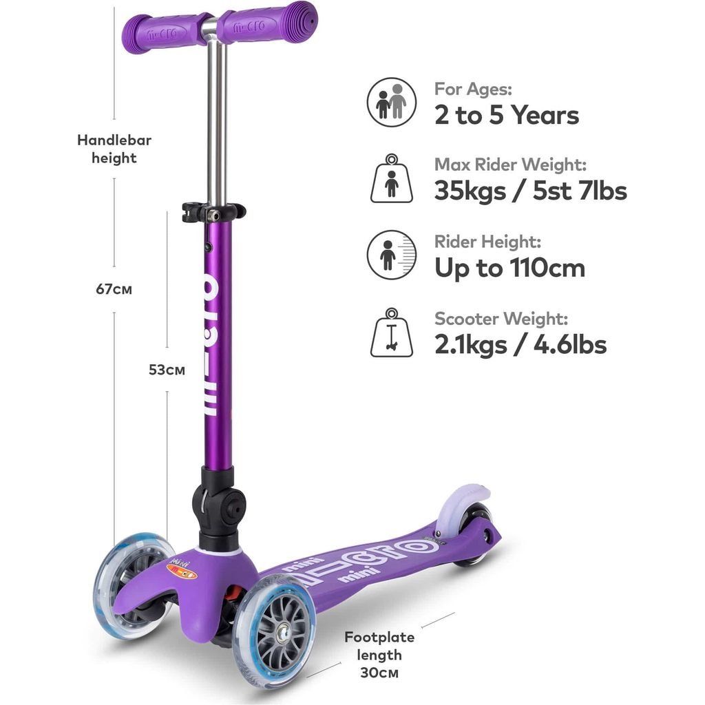 Micro Scooter Mini Foldable - LED Purple age, size and weigh guide