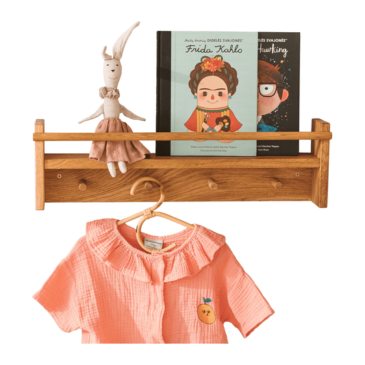 MINICAMP Floating Kids Bookshelf With Coat Hooks Made of Solid Oak