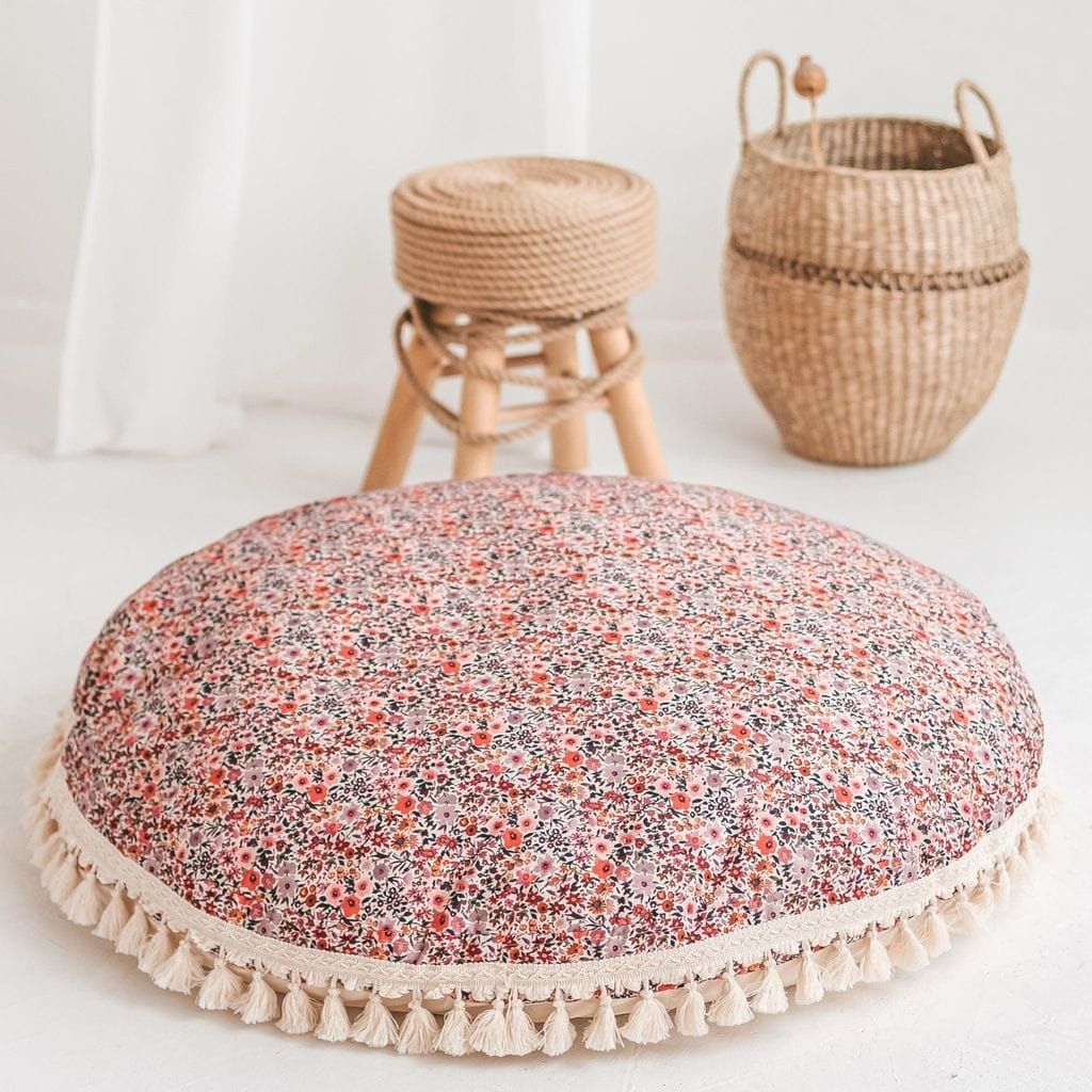 MINICAMP Big Floor Cushion With Flower Pattern with stool and basket in background
