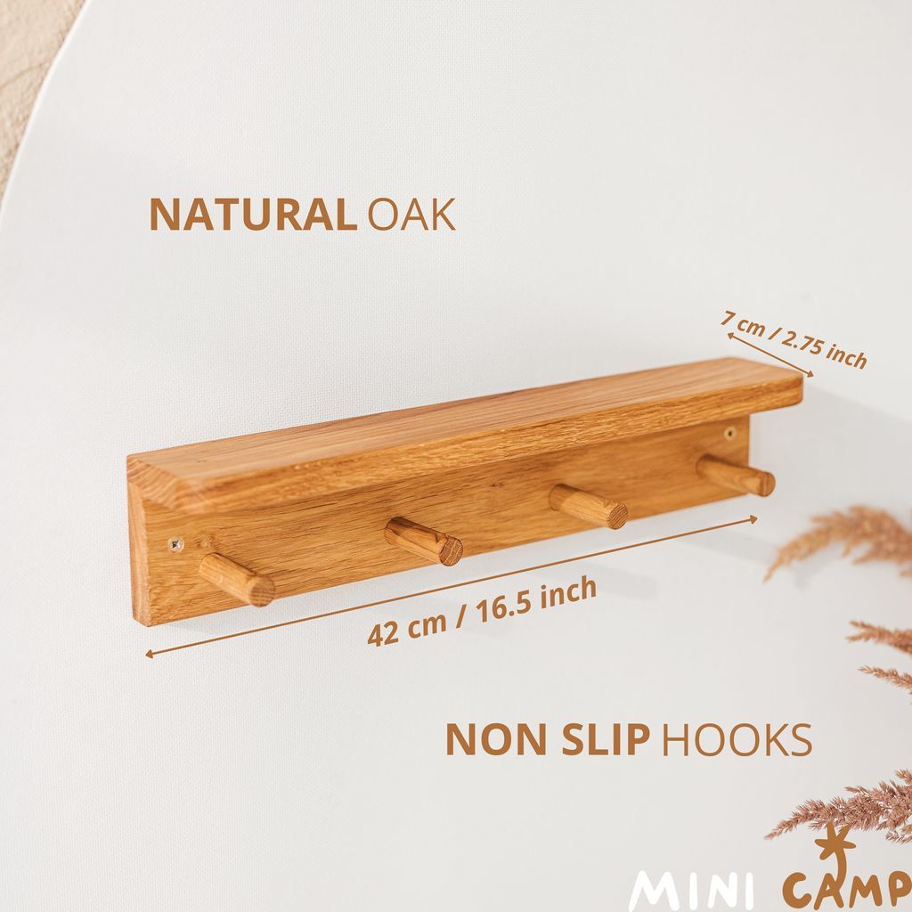 MINICAMP Floating Kids Bookshelf With Coat Hooks Made of Solid Oak dimensions
