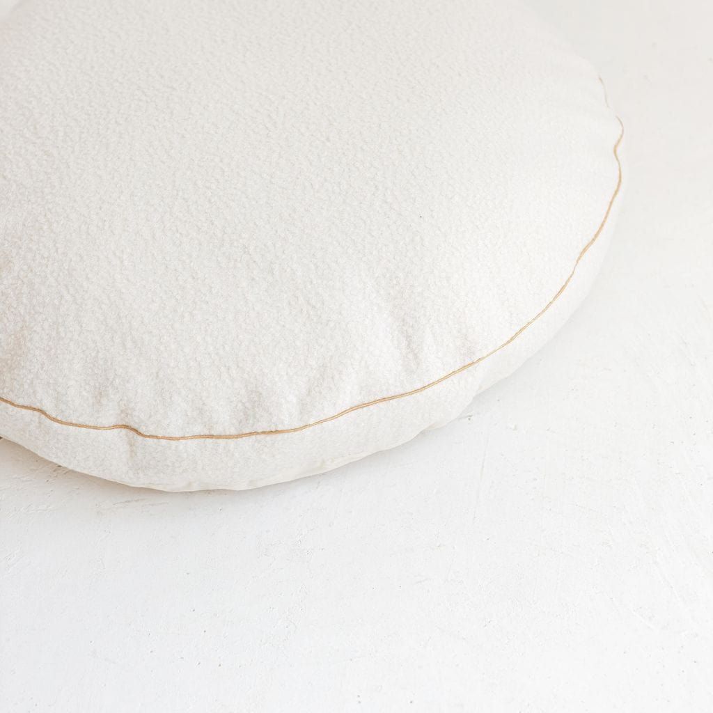 MINICAMP Boucle Fabric Kids Floor Cushion in Ecru stitching  close up