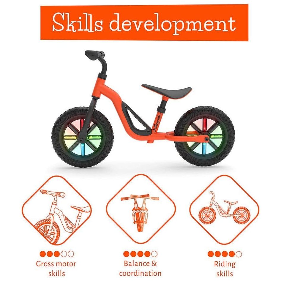 Chillafish Charlie Glow Balance Bike 18M-4Y in Orange skills development information