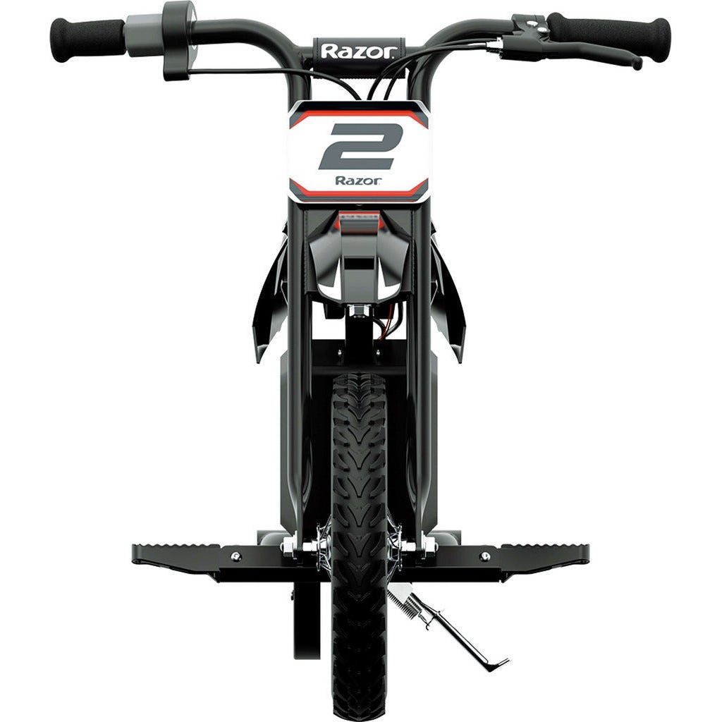 Razor Dirt Rocket MX125 - Black fron view with foot rests and kickstand
