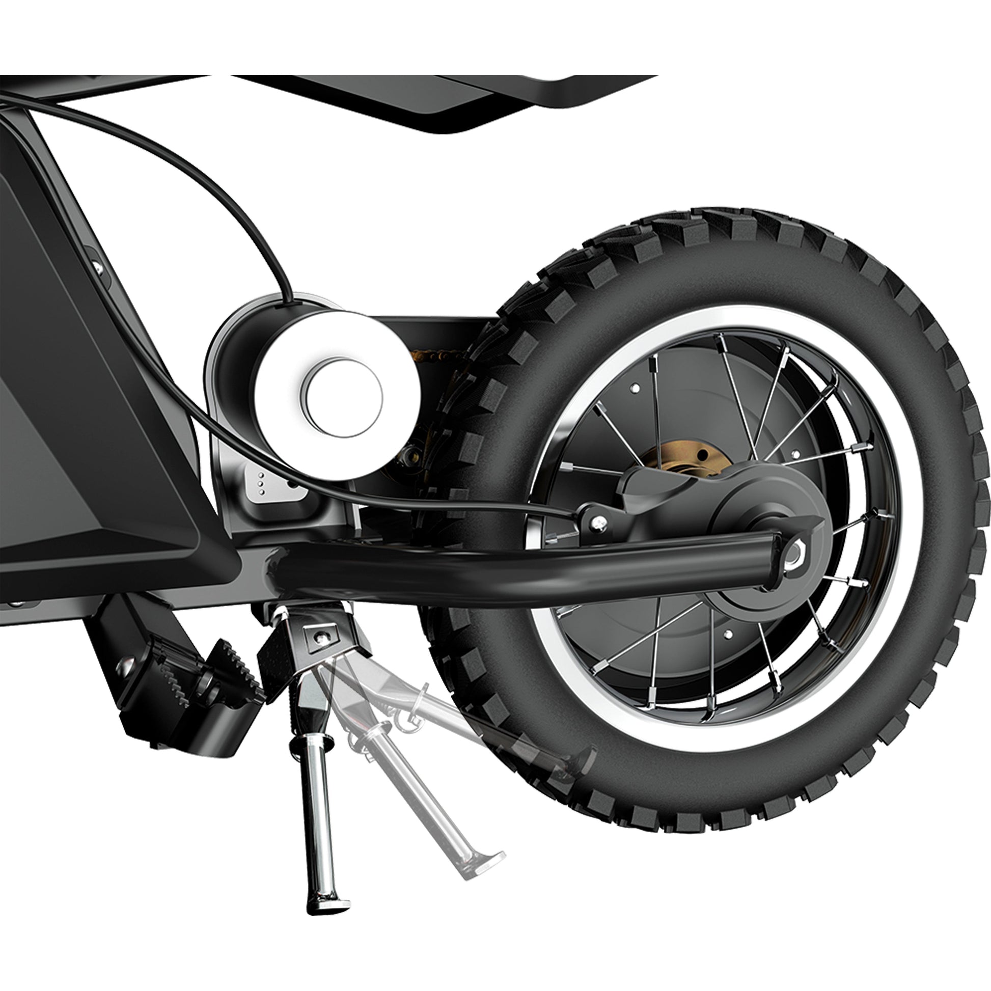 Razor Dirt Rocket MX125 - Black motor and back wheel close up